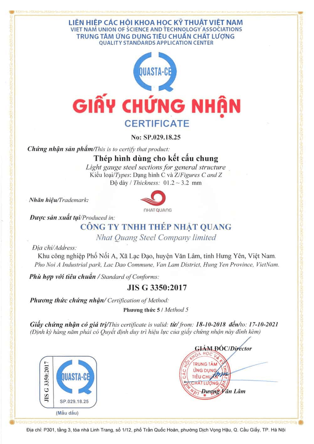 Chứng nhận đạt tiêu chuẩn chất lượng JIS G 3350:2017